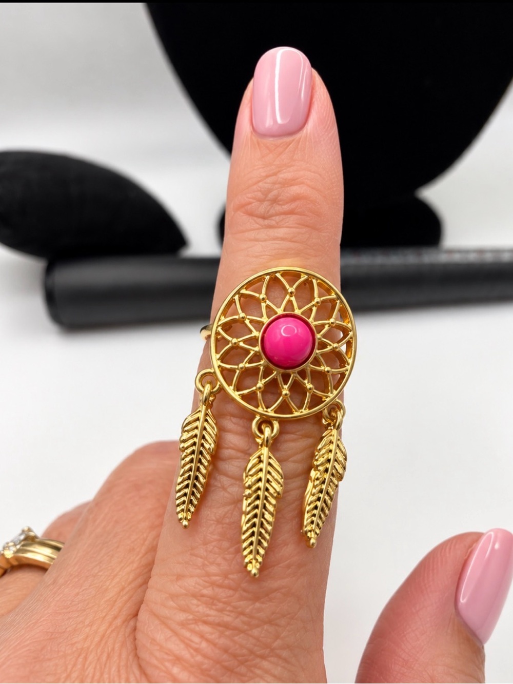 Gold tone Dreamcatcher Ring with Pink Stone - Women Jewelry